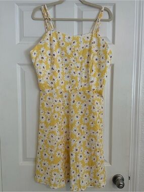 Yellow Daisy Floral Sundress XL Smocked Back A-Line Midi Dress Cottagecore